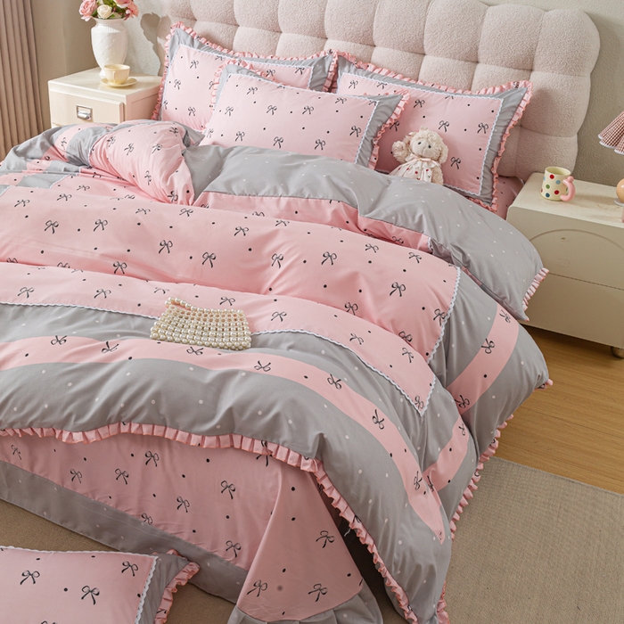 91家纺网 家纺一手货源 找家纺 皇谱家纺 新款韩版欧彩棉四件套磨毛直播爆款专版花型 甜心绑带-粉