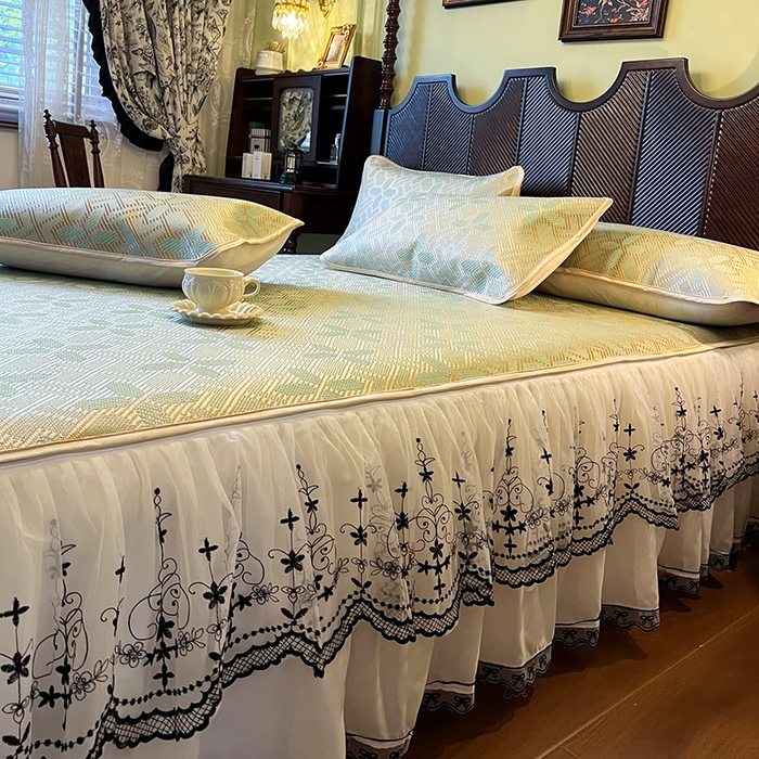 91家纺网 家纺一手货源 找家纺 网红馆（ck家纺） 2025新款可脱卸床裙款冰藤席-盛夏繁星 艾绿