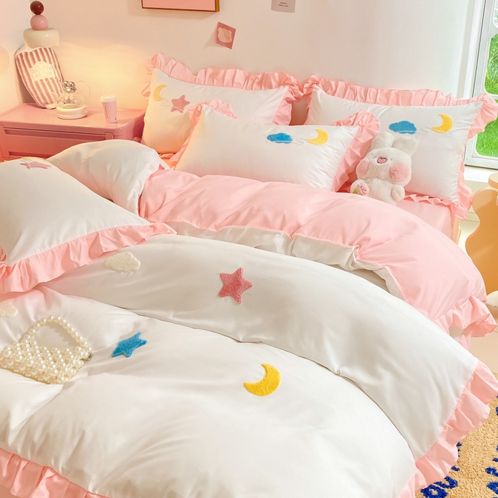 91家纺网 家纺一手货源 找家纺 雨菲家纺 2025新款公主风水洗棉四件套-星月 星月粉白