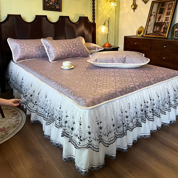 91家纺网 家纺一手货源 找家纺 网红馆（ck家纺） 2025新款可脱卸床裙款冰藤席-盛夏繁星 莲红