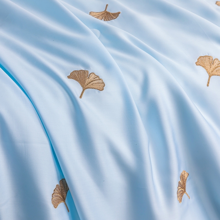 91家纺网 家纺一手货源 找家纺 梦镜家纺 2025新款A类水洗真丝夏被四件套-银树叶 银树叶水蓝