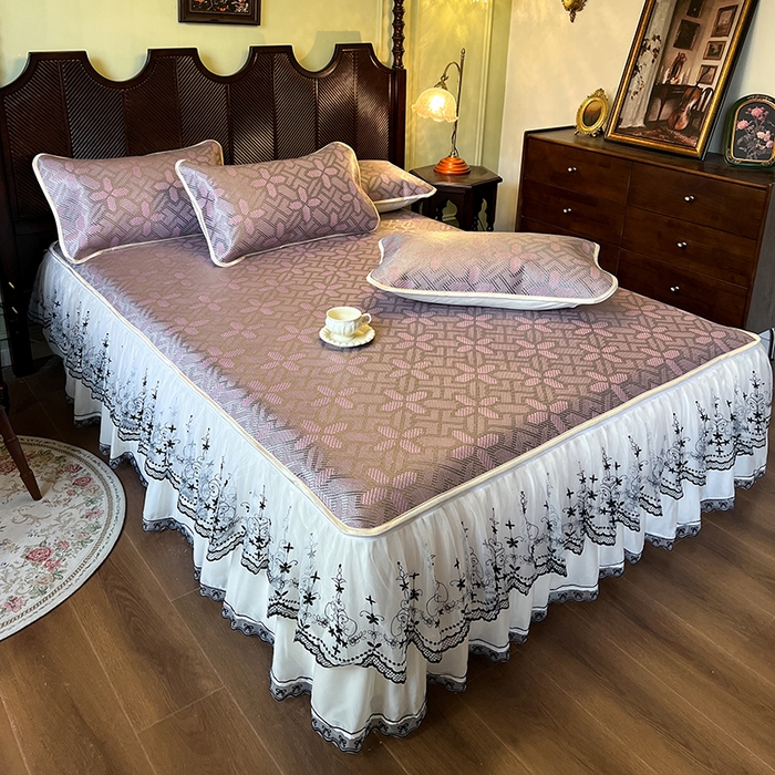 91家纺网 家纺一手货源 找家纺 网红馆（ck家纺） 2025新款可脱卸床裙款冰藤席-盛夏繁星 莲红