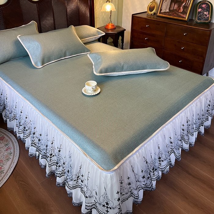 91家纺网 家纺一手货源 找家纺 网红馆（ck家纺） 2025新款可脱卸床裙款冰藤席-盛夏繁星 荷绿