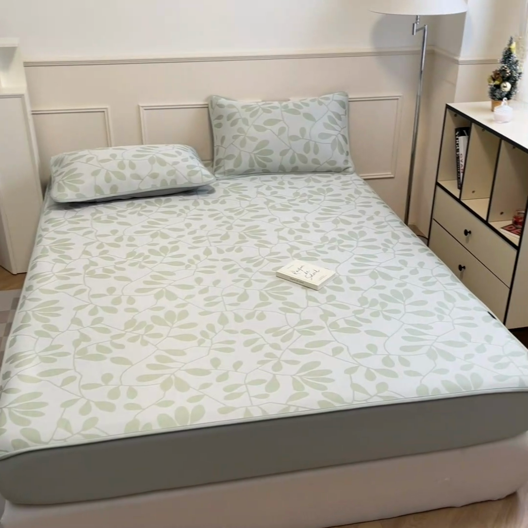 91家纺网 家纺一手货源 找家纺 宜代光年 2025新款冷凝丝可水洗提花凉感席-床笠款 叶繁-绿