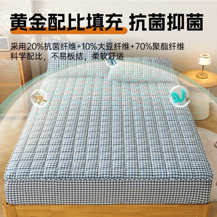 91家纺网 家纺一手货源 找家纺 锦丝钰床垫 2025春夏新款全棉色织水洗棉床笠 蓝小格