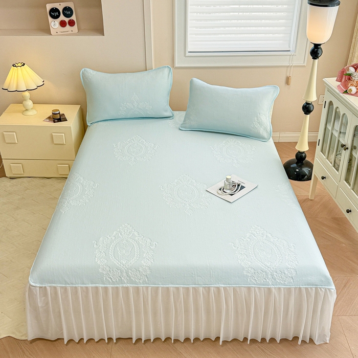 91家纺网 家纺一手货源 找家纺 布卢姆床垫 2025新款A类PE乙纶冰豆豆凉席床裙款 蝴蝶花镜 蓝