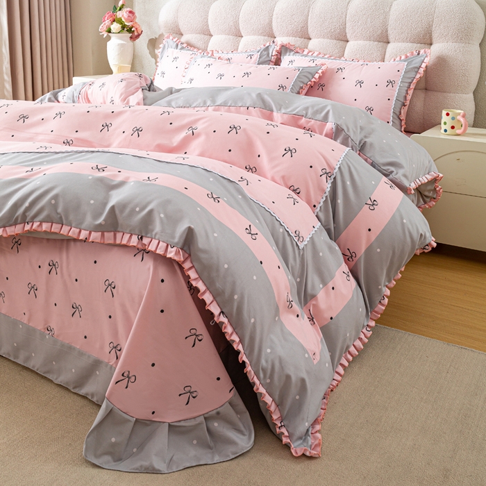 91家纺网 家纺一手货源 找家纺 皇谱家纺 新款韩版欧彩棉四件套磨毛直播爆款专版花型 甜心绑带-粉