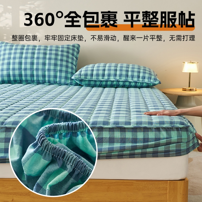 91家纺网 家纺一手货源 找家纺 锦丝钰床垫 2025春夏新款全棉色织水洗棉床笠 蓝绿中格