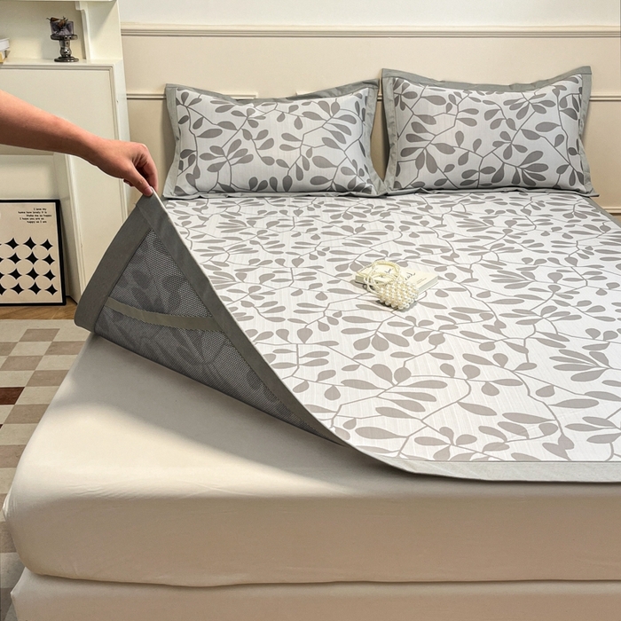 91家纺网 家纺一手货源 找家纺 宜代光年 2025新款冷凝丝可水洗提花凉感席-床席款 凉感叶繁-灰