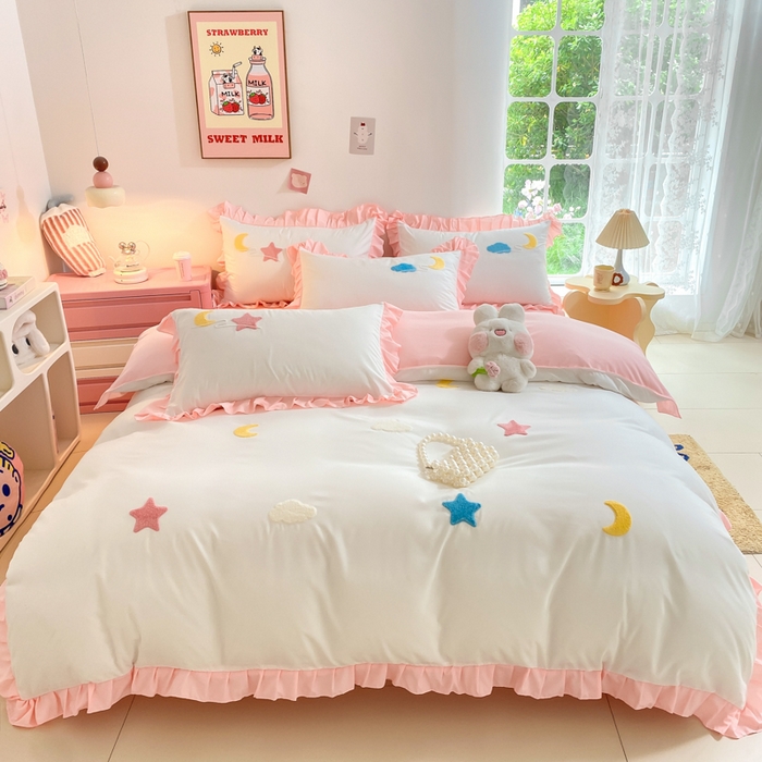 91家纺网 家纺一手货源 找家纺 雨菲家纺 2025新款公主风水洗棉四件套-星月 星月粉白