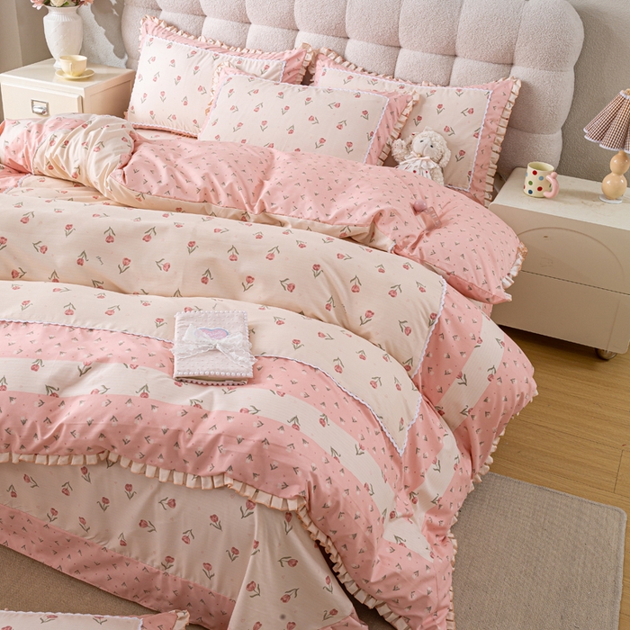 91家纺网 家纺一手货源 找家纺 皇谱家纺 新款韩版欧彩棉四件套磨毛直播爆款专版花型 郁金绮梦-粉