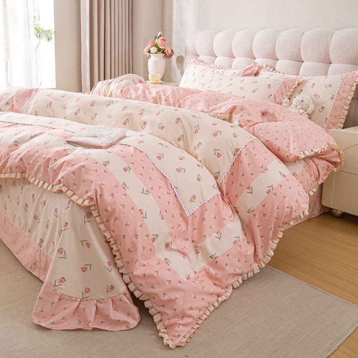 91家纺网 家纺一手货源 找家纺 皇谱家纺 新款韩版欧彩棉四件套磨毛直播爆款专版花型 郁金绮梦-粉