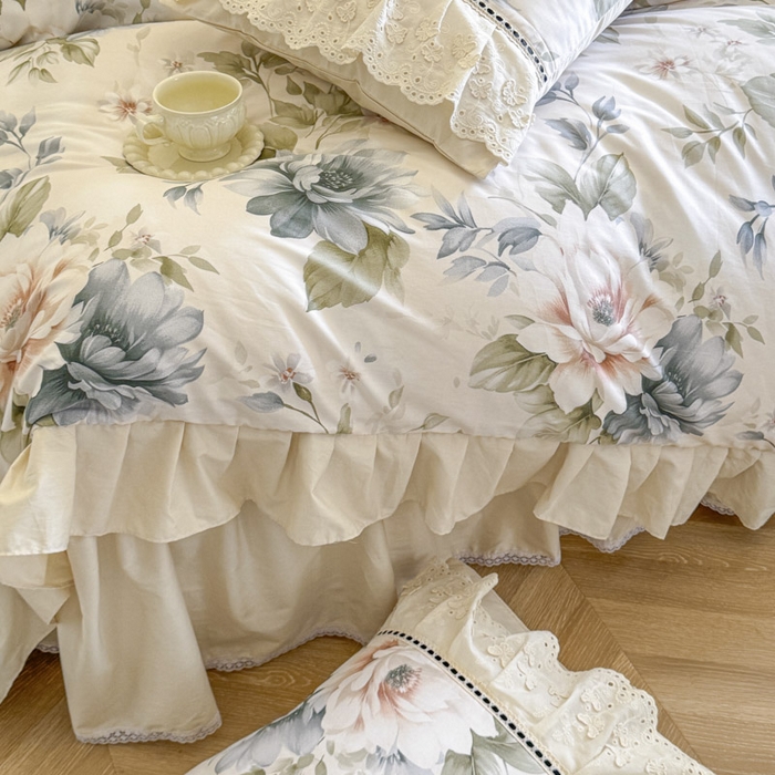 91家纺网 家纺一手货源 找家纺 （总）亲亲公主 2025新款全棉法式立体蝴蝶花边四件套--米娅