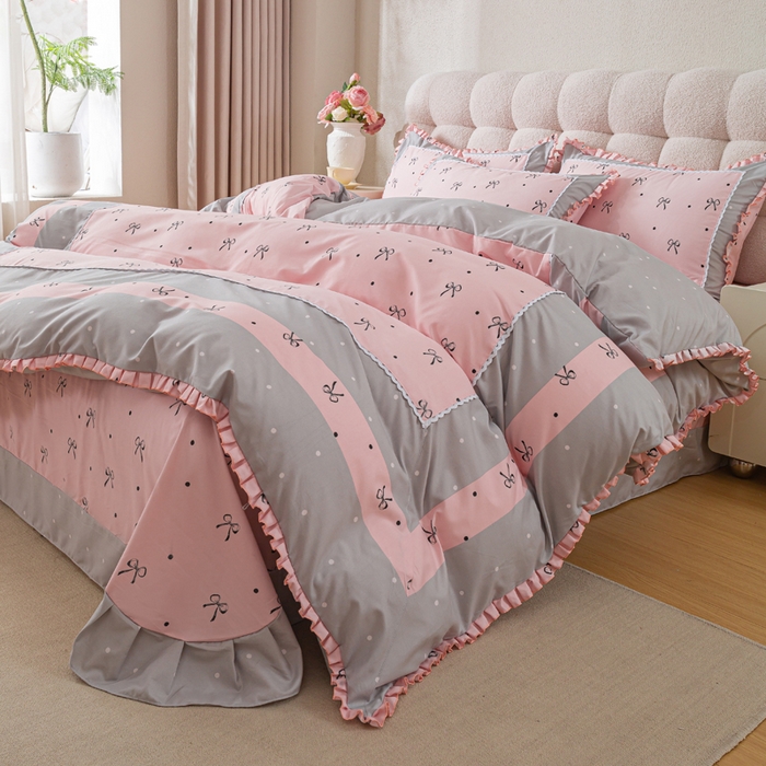 91家纺网 家纺一手货源 找家纺 皇谱家纺 新款韩版欧彩棉四件套磨毛直播爆款专版花型 甜心绑带-粉