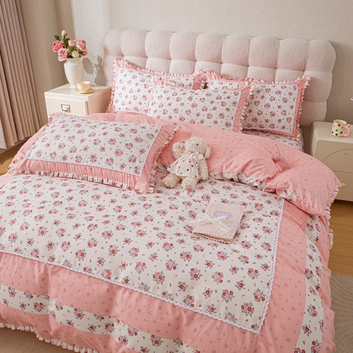 91家纺网 家纺一手货源 找家纺 皇谱家纺 新款韩版欧彩棉四件套磨毛直播爆款专版花型 小岛蔷薇-粉
