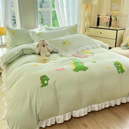 91家纺网 家纺一手货源 找家纺 雨菲家纺 2025新款水洗棉毛巾绣四件套-龙宝宝 龙宝宝绿