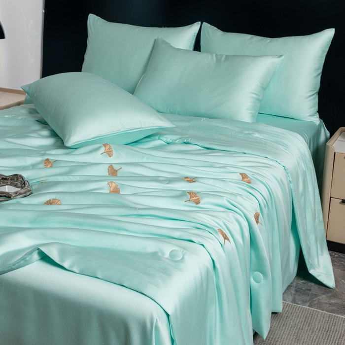 91家纺网 家纺一手货源 找家纺 梦镜家纺 2025新款A类水洗真丝夏被四件套-银树叶 银树叶水绿