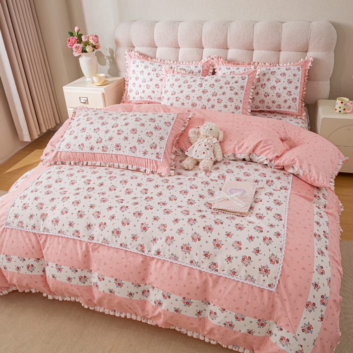 91家纺网 家纺一手货源 找家纺 皇谱家纺 新款韩版欧彩棉四件套磨毛直播爆款专版花型 小岛蔷薇-粉
