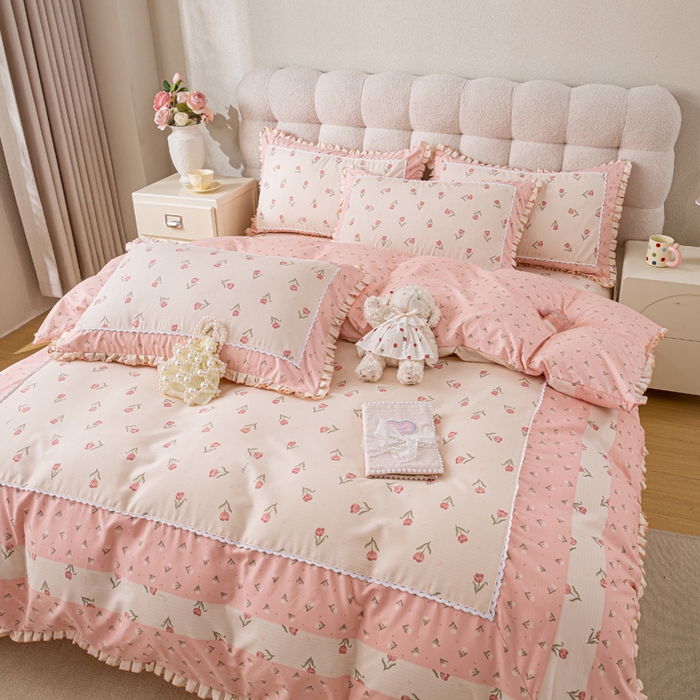 91家纺网 家纺一手货源 找家纺 皇谱家纺 新款韩版欧彩棉四件套磨毛直播爆款专版花型 郁金绮梦-粉