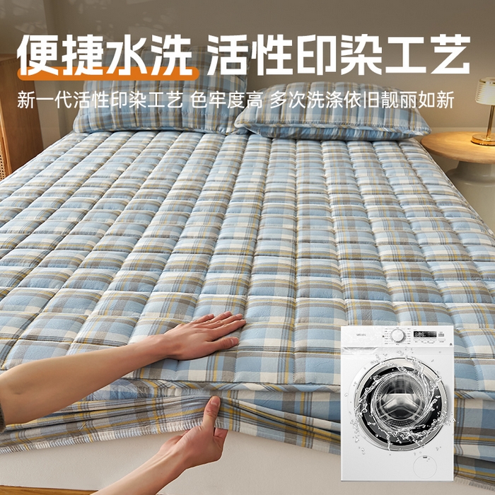 91家纺网 家纺一手货源 找家纺 锦丝钰床垫 2025春夏新款全棉色织水洗棉床笠 简兮蓝