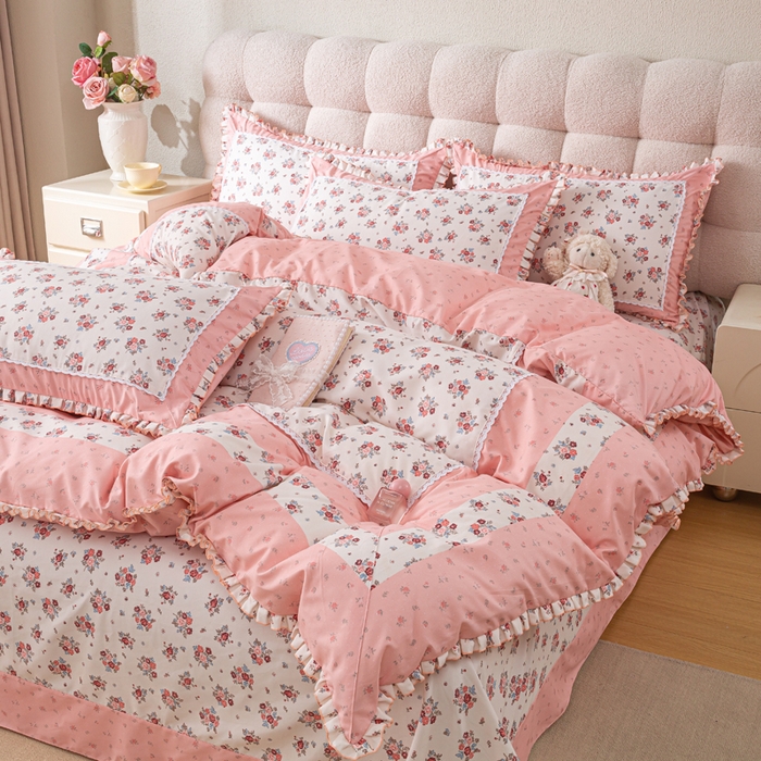 91家纺网 家纺一手货源 找家纺 皇谱家纺 新款韩版欧彩棉四件套磨毛直播爆款专版花型 小岛蔷薇-粉