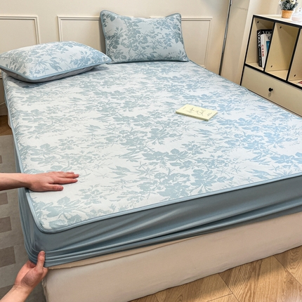 91家纺网 家纺一手货源 找家纺 宜代光年 2025新款冷凝丝可水洗提花凉感席-床笠款 床笠-凉感繁花-蓝