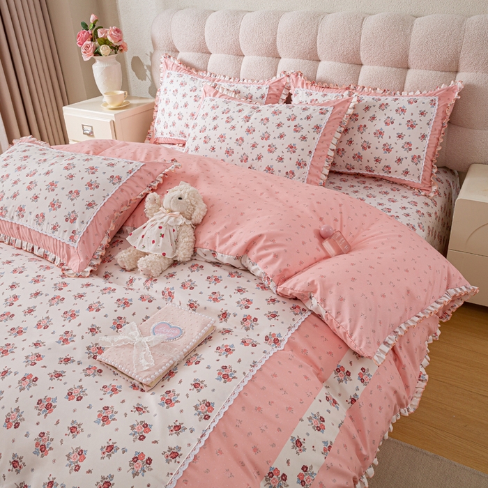 91家纺网 家纺一手货源 找家纺 皇谱家纺 新款韩版欧彩棉四件套磨毛直播爆款专版花型 小岛蔷薇-粉