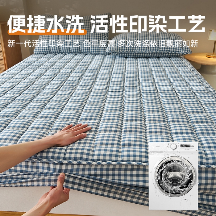 91家纺网 家纺一手货源 找家纺 锦丝钰床垫 2025春夏新款全棉色织水洗棉床笠 蓝小格