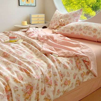 金梦拉家纺 2025新款A类提花纱布双层纱夏被四件套 夏被-微醺玫瑰