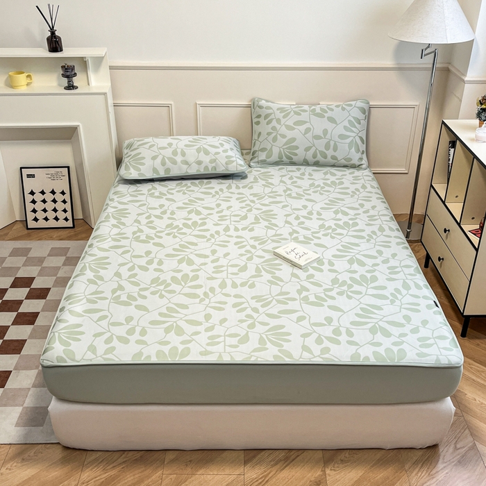 91家纺网 家纺一手货源 找家纺 宜代光年 2025新款冷凝丝可水洗提花凉感席-床笠款 叶繁-绿