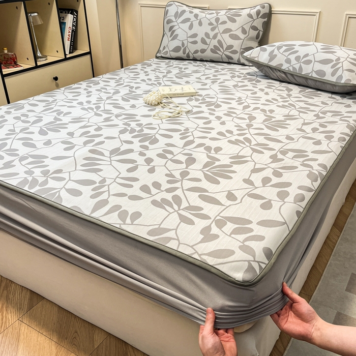 91家纺网 家纺一手货源 找家纺 宜代光年 2025新款冷凝丝可水洗提花凉感席-床笠款 叶繁-灰