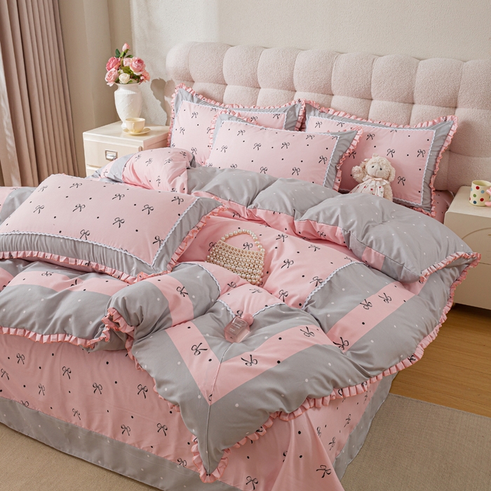 91家纺网 家纺一手货源 找家纺 皇谱家纺 新款韩版欧彩棉四件套磨毛直播爆款专版花型 甜心绑带-粉