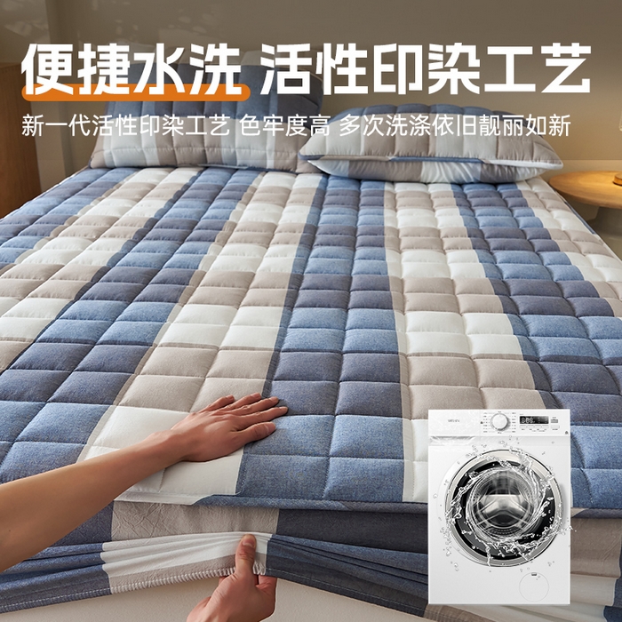 91家纺网 家纺一手货源 找家纺 锦丝钰床垫 2025春夏新款全棉色织水洗棉床笠 蓝大格