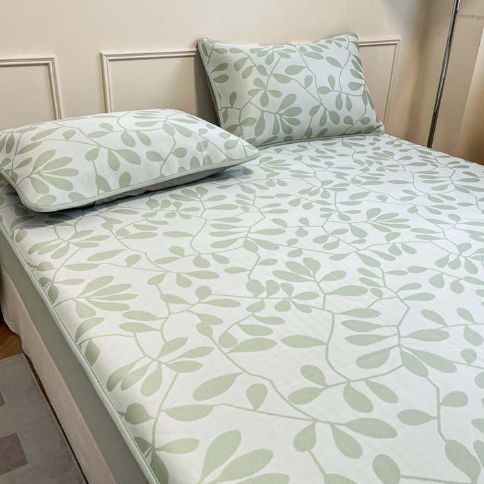 91家纺网 家纺一手货源 找家纺 宜代光年 2025新款冷凝丝可水洗提花凉感席-床笠款 叶繁-绿