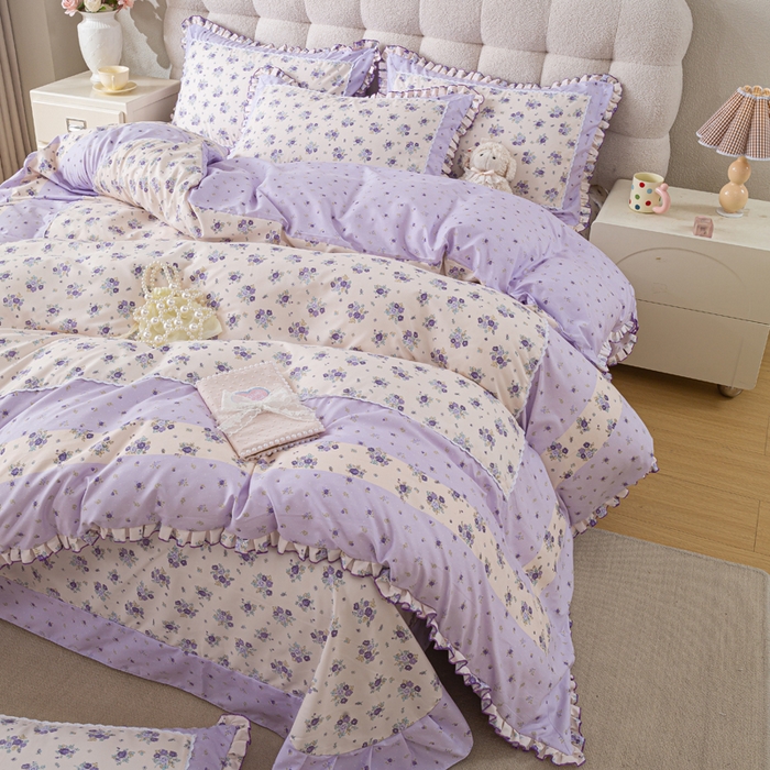 91家纺网 家纺一手货源 找家纺 皇谱家纺 新款韩版欧彩棉四件套磨毛直播爆款专版花型 小岛蔷薇-紫