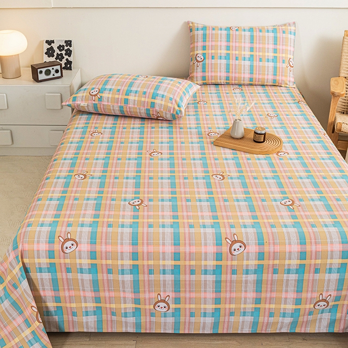 91家纺网 家纺一手货源 找家纺 芃成家纺 2025新款加厚老粗布床单 彩格兔