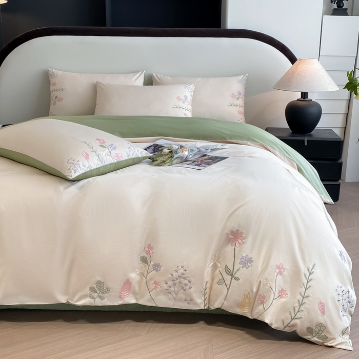 91家纺网 家纺一手货源 找家纺 桃园 2025新款纯棉全棉长绒棉刺绣绣花四件套-洛可可 白绿