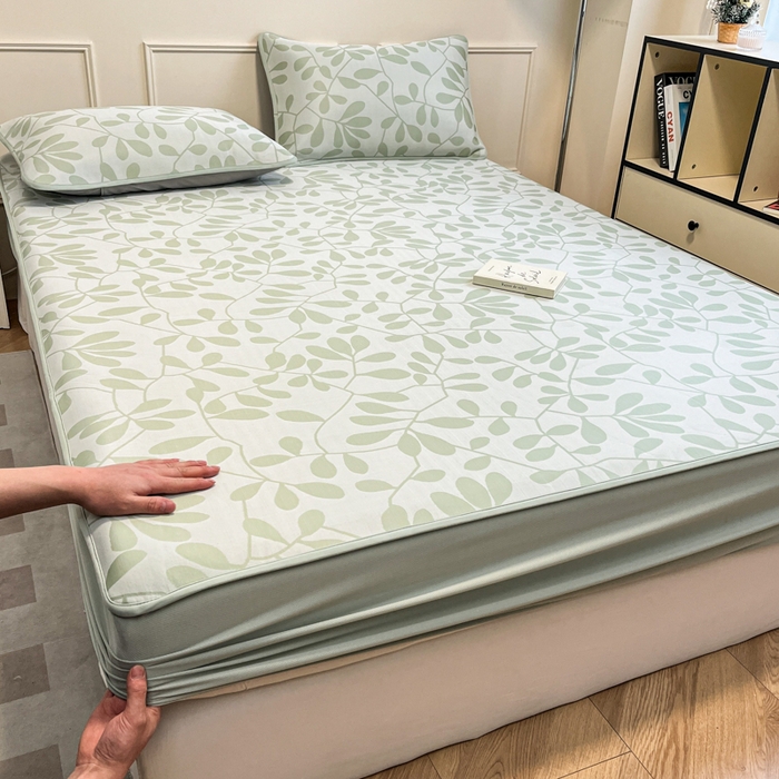 91家纺网 家纺一手货源 找家纺 宜代光年 2025新款冷凝丝可水洗提花凉感席-床笠款 叶繁-绿