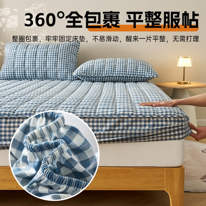 91家纺网 家纺一手货源 找家纺 锦丝钰床垫 2025春夏新款全棉色织水洗棉床笠 蓝小格