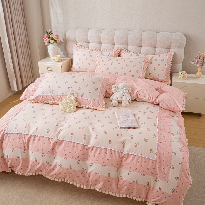 91家纺网 家纺一手货源 找家纺 皇谱家纺 新款韩版欧彩棉四件套磨毛直播爆款专版花型 郁金绮梦-粉