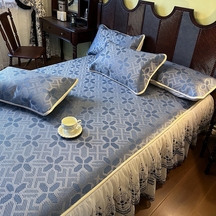 91家纺网 家纺一手货源 找家纺 网红馆（ck家纺） 2025新款可脱卸床裙款冰藤席-盛夏繁星 蔚蓝