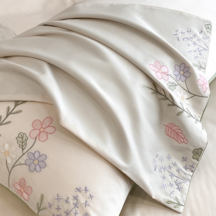 91家纺网 家纺一手货源 找家纺 桃园 2025新款纯棉全棉长绒棉刺绣绣花四件套-洛可可 白绿