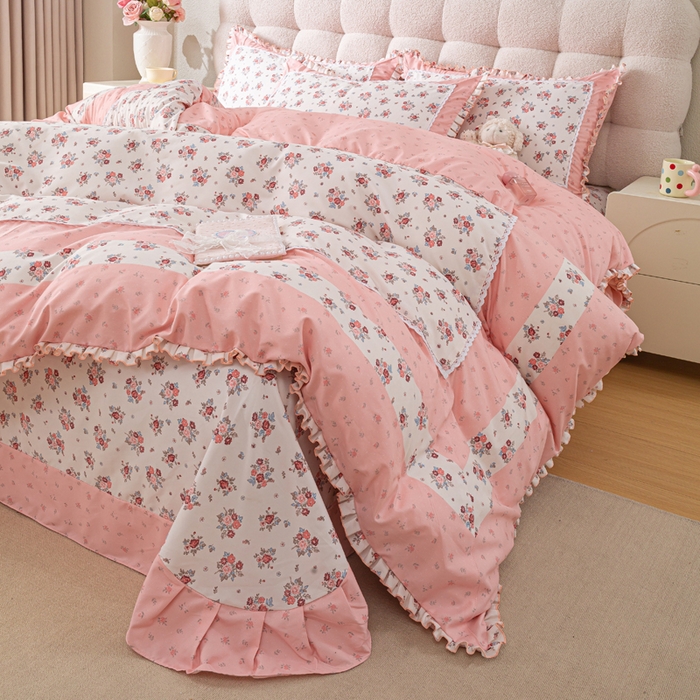 91家纺网 家纺一手货源 找家纺 皇谱家纺 新款韩版欧彩棉四件套磨毛直播爆款专版花型 小岛蔷薇-粉