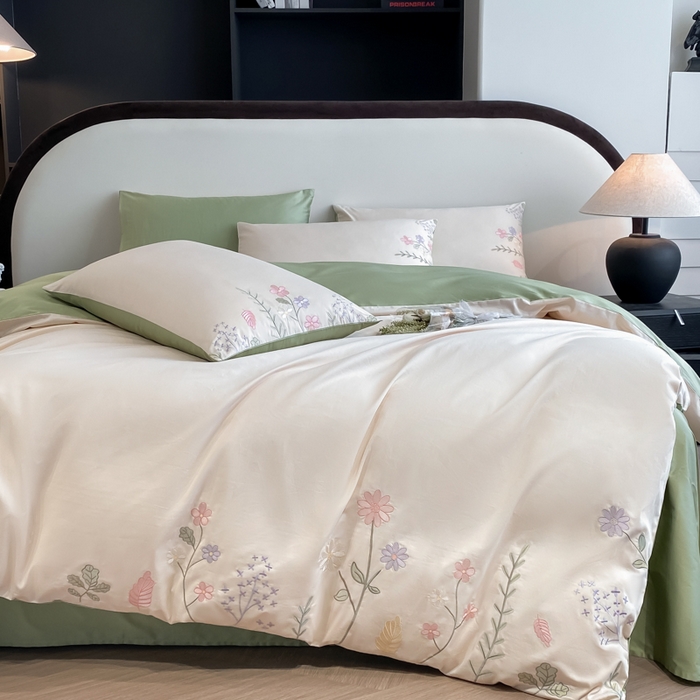 91家纺网 家纺一手货源 找家纺 桃园 2025新款纯棉全棉长绒棉刺绣绣花四件套-洛可可 白绿