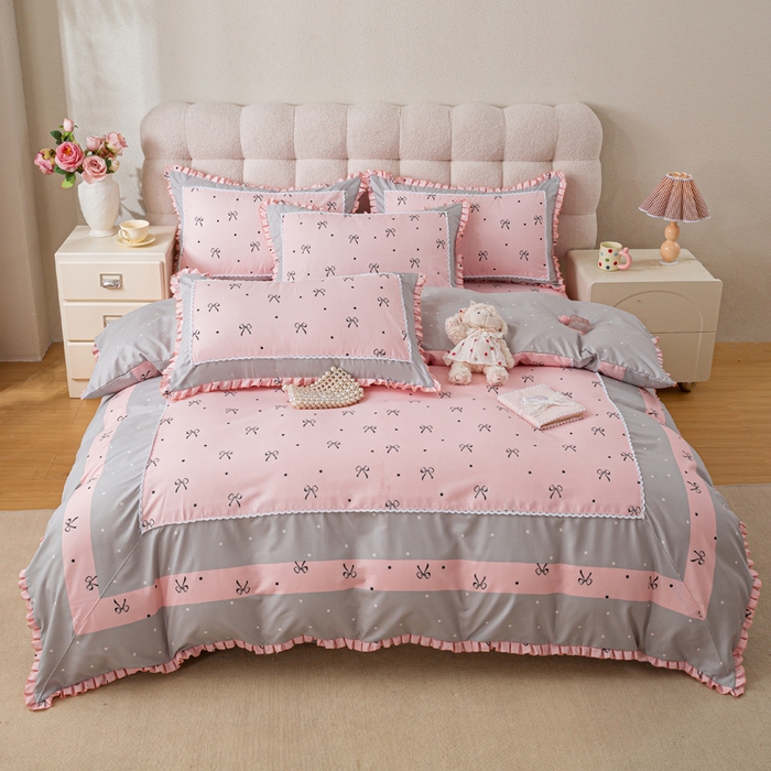 91家纺网 家纺一手货源 找家纺 皇谱家纺 新款韩版欧彩棉四件套磨毛直播爆款专版花型 甜心绑带-粉