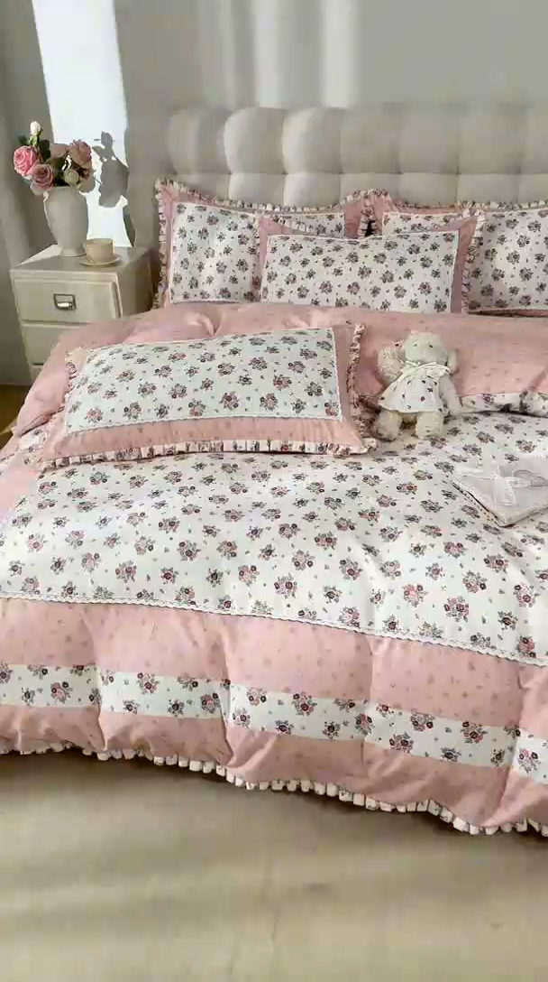 91家纺网 家纺一手货源 找家纺 皇谱家纺 新款韩版欧彩棉四件套磨毛直播爆款专版花型 小岛蔷薇-粉