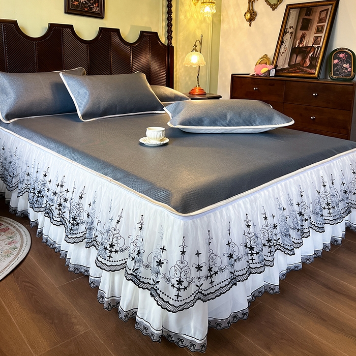 91家纺网 家纺一手货源 找家纺 网红馆（ck家纺） 2025新款可脱卸床裙款冰藤席-盛夏繁星 蓝灰