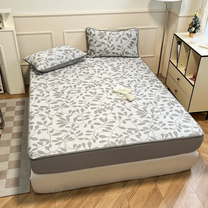 91家纺网 家纺一手货源 找家纺 宜代光年 2025新款冷凝丝可水洗提花凉感席-床笠款 叶繁-灰