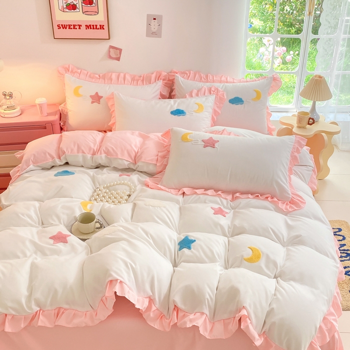 91家纺网 家纺一手货源 找家纺 雨菲家纺 2025新款公主风水洗棉四件套-星月 星月粉白