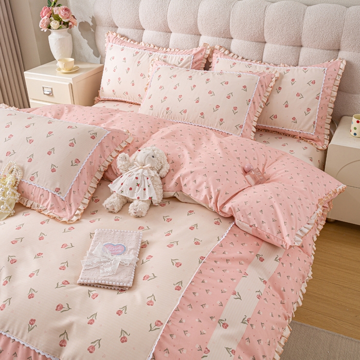 91家纺网 家纺一手货源 找家纺 皇谱家纺 新款韩版欧彩棉四件套磨毛直播爆款专版花型 郁金绮梦-粉